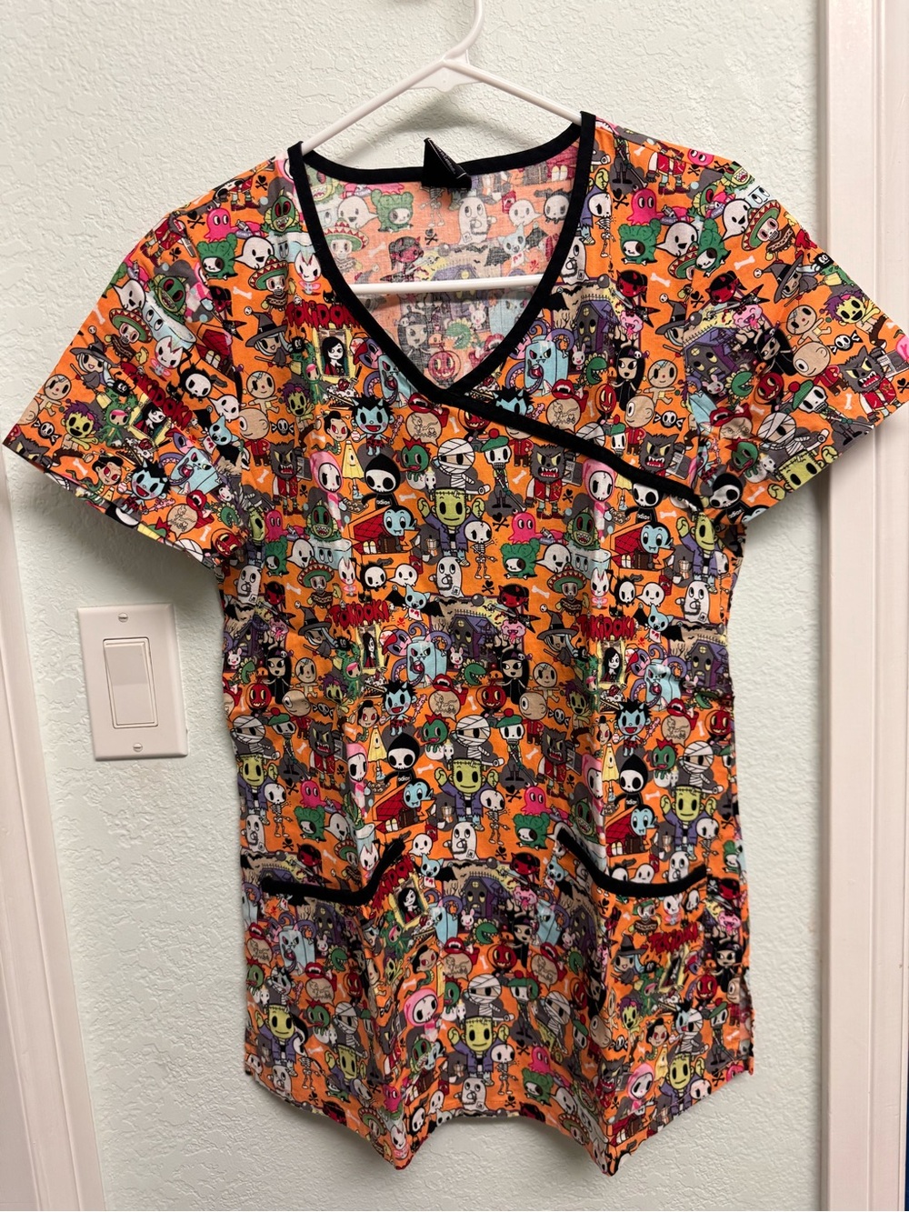 tokidoki Multicolor Halloween Cartoon Scrub Top with Black Trim